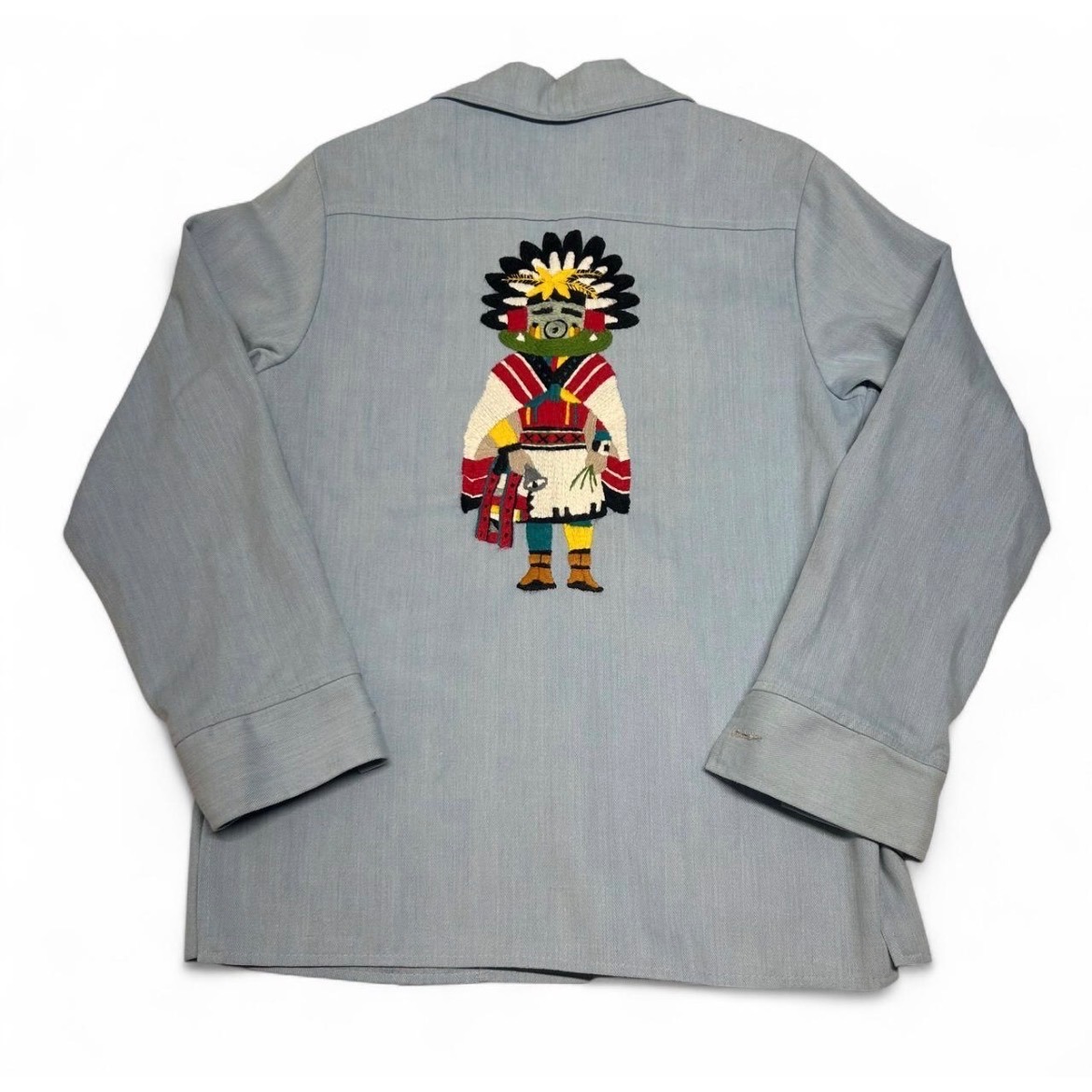 Vintage 60s Harris Casuals Light Blue Safari Jacket Embroidered Kachina Back L